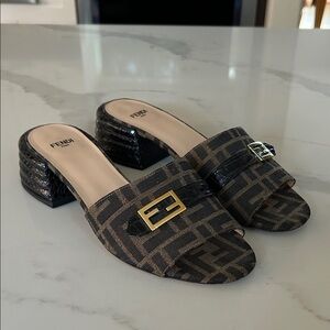Fendi Black and Tan Logo Mules